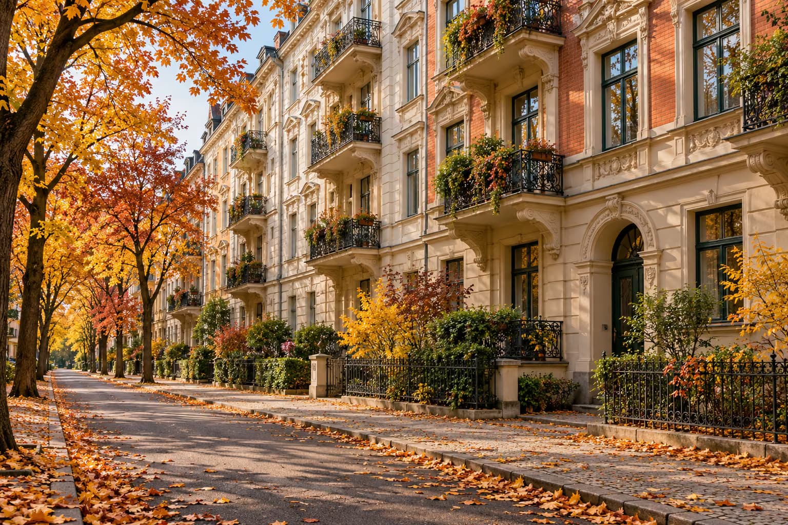 Une rangée d'immeubles d'habitation d'avant-guerre aux façades ornées et à balcons, le long d'une rue calme et arborée couverte de feuilles mortes.