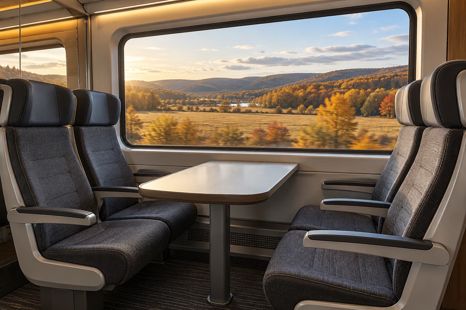 Quatre sièges gris vides autour d'une table dans un train moderne, avec une grande fenêtre donnant sur des champs d'automne et des collines boisées.