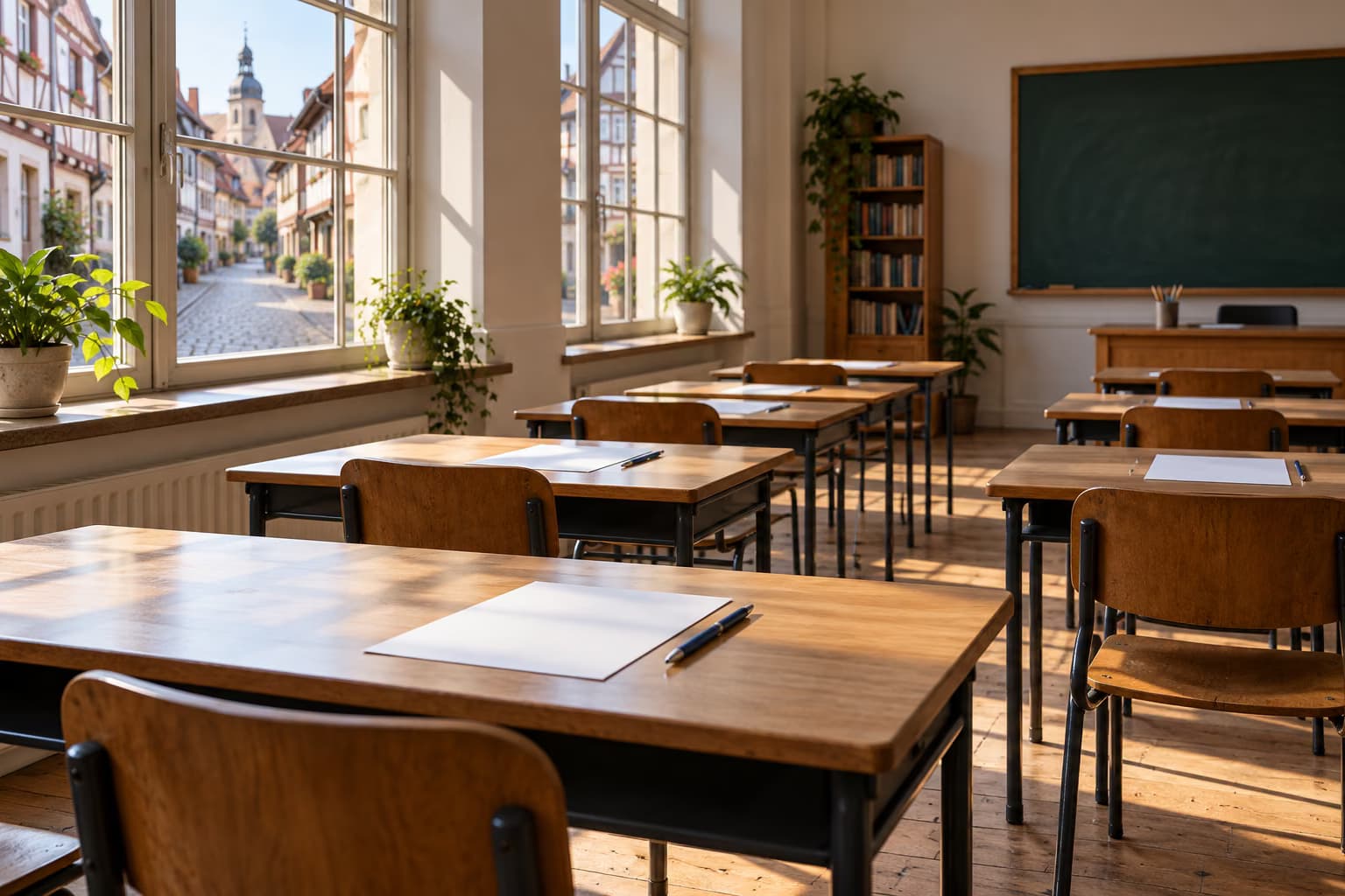 Une salle de classe vide avec des pupitres en bois, des feuilles blanches et des stylos, dont les fenêtres donnent sur une rue pavée bordée de maisons à colombages.
