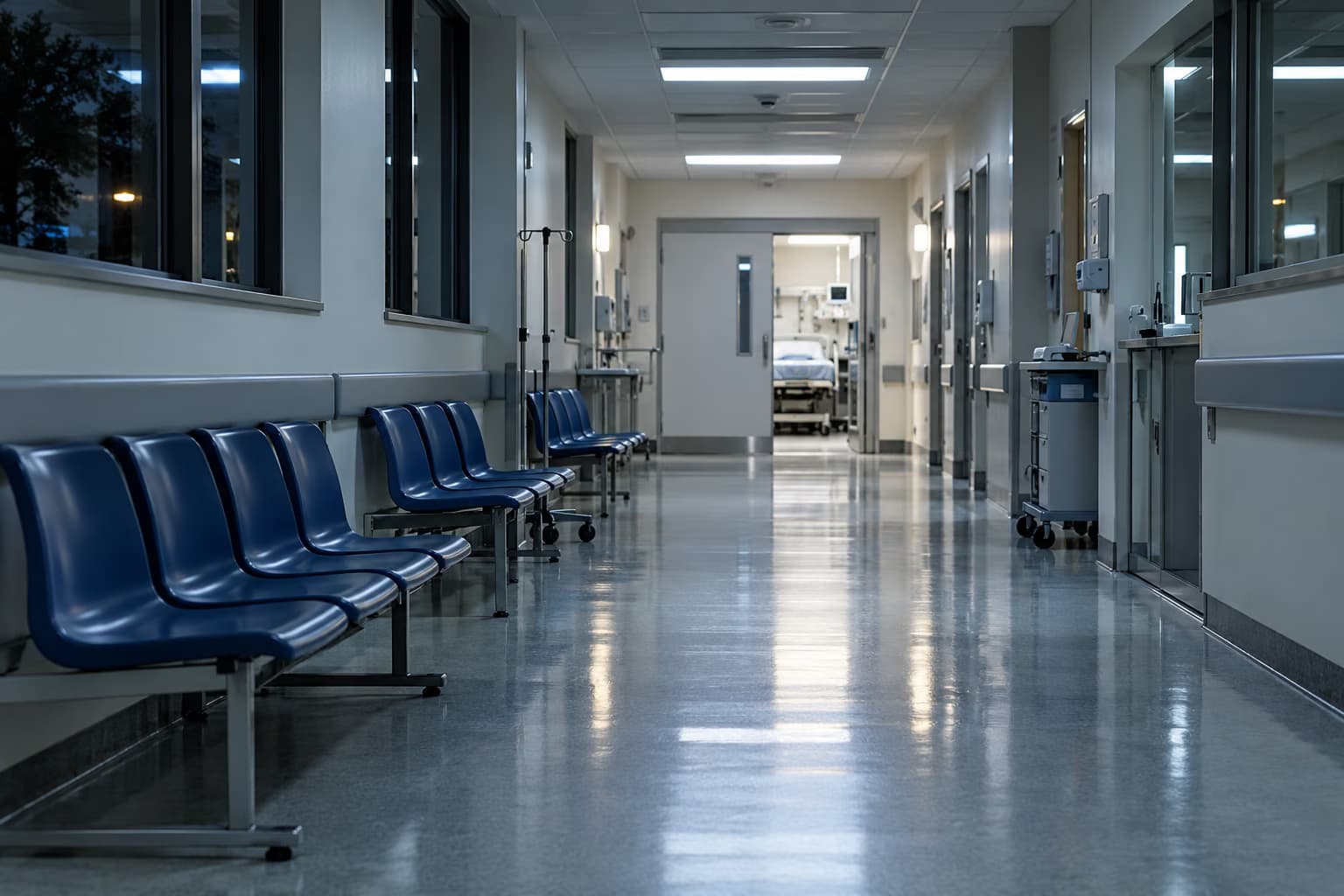 Un couloir d'hôpital vide la nuit, avec des rangées de chaises d'attente bleues le long du mur et une porte ouverte sur une salle de soins au fond.
