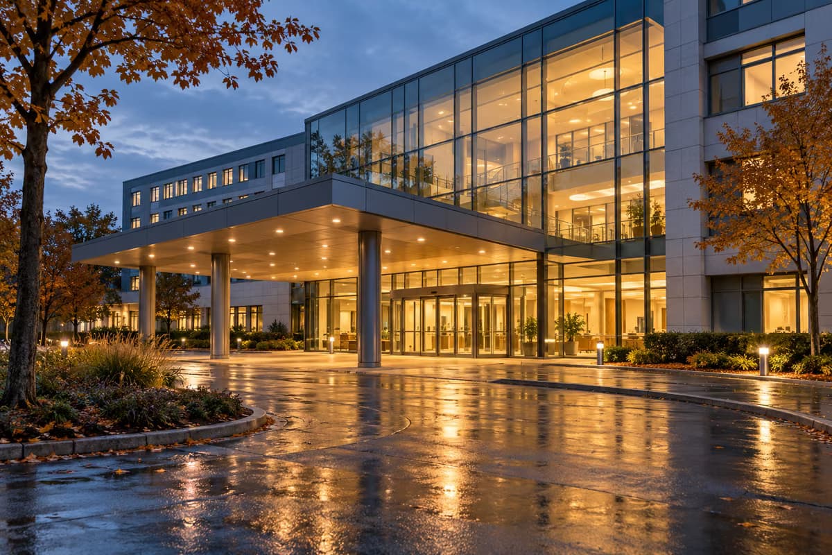 L'entrée vitrée vivement éclairée et l'auvent d'accès d'un grand bâtiment moderne au crépuscule, avec des arbres d'automne et un sol mouillé.