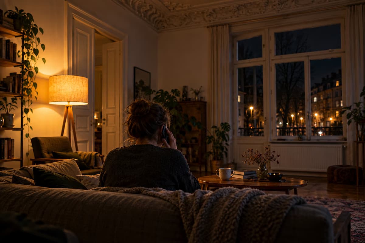 Une personne vue de dos est assise le soir sur un canapé dans un appartement ancien faiblement éclairé aux plafonds moulurés et téléphone.