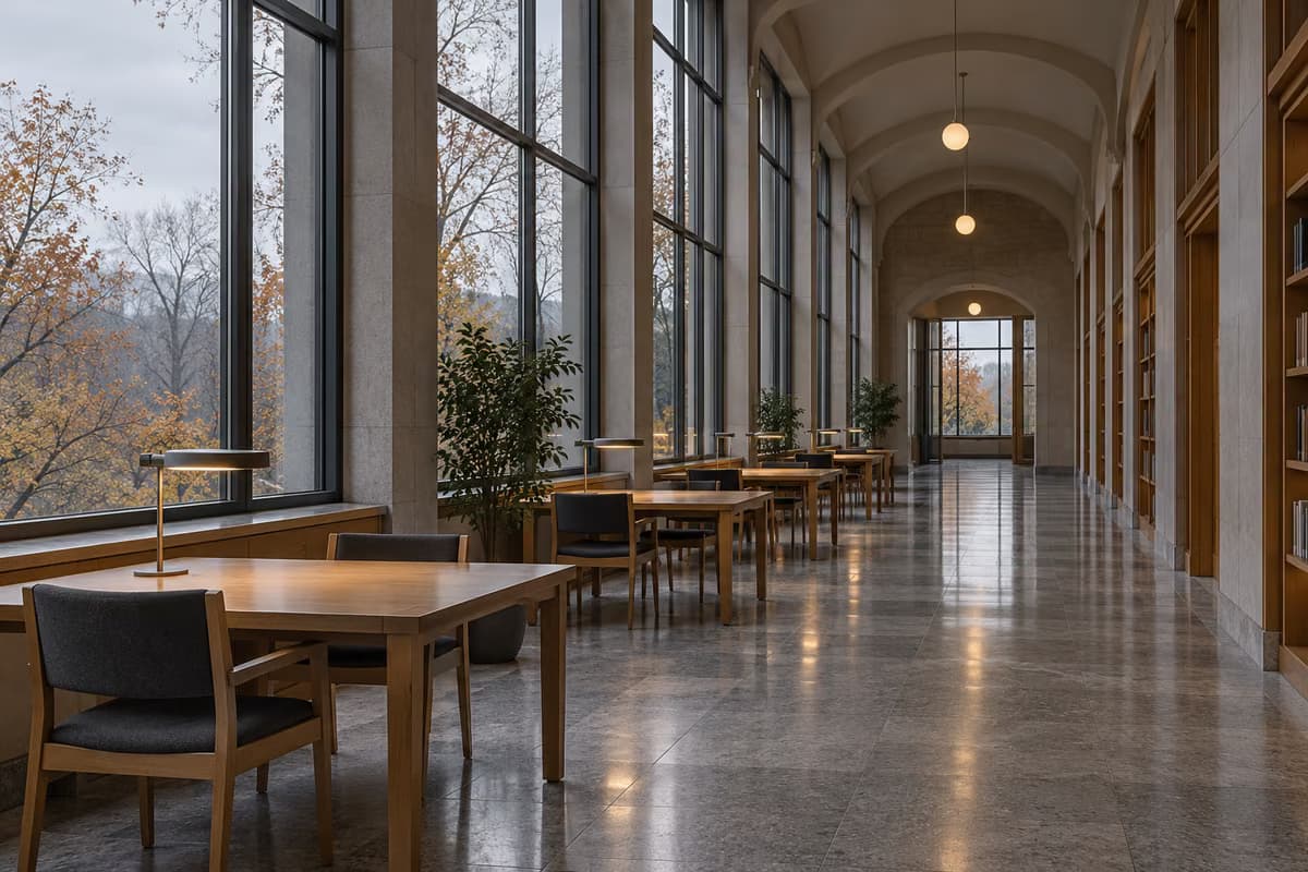 Un couloir d'étude vide et silencieux avec de hautes fenêtres, des tables en bois et des lampes de bureau par une journée d'automne grise.