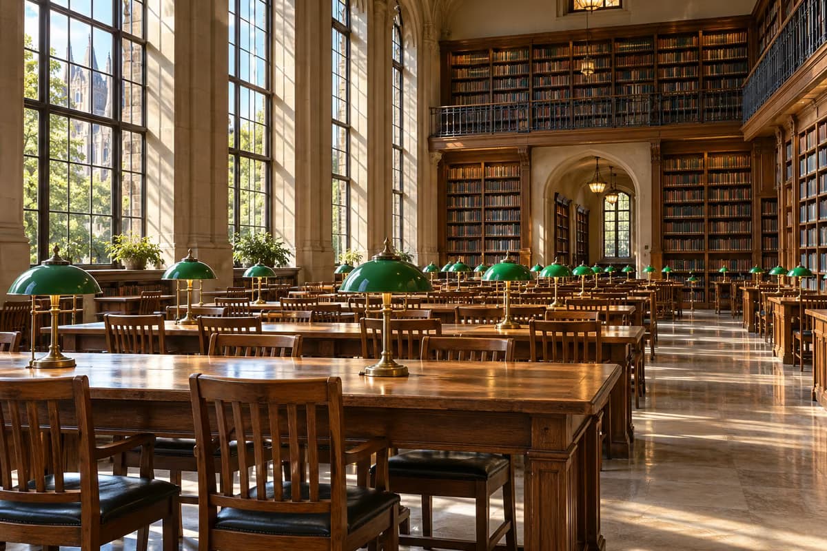 Une salle de lecture de bibliothèque vide avec de longues tables en bois, des lampes de bureau vertes, de hautes fenêtres et de hauts rayonnages remplis de livres.