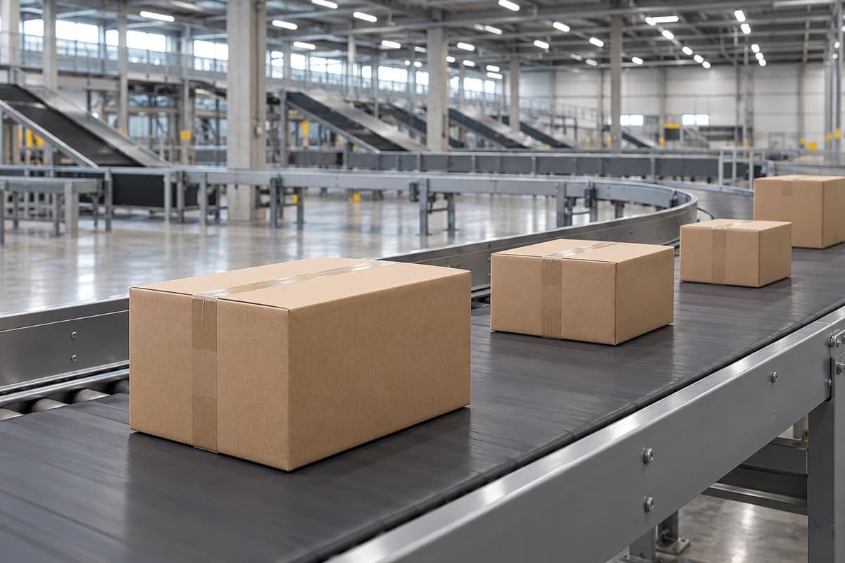 Des cartons simples transportés sur un tapis roulant dans un grand centre de tri de colis moderne et vide.