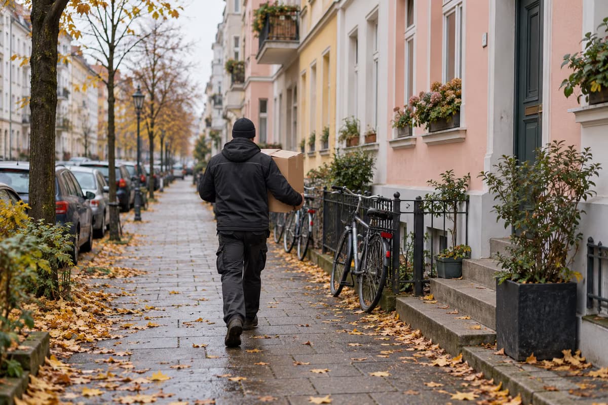 Un livreur vu de dos portant un carton sur un trottoir bordé d'immeubles aux couleurs pastel, de vélos et de feuilles d'automne.
