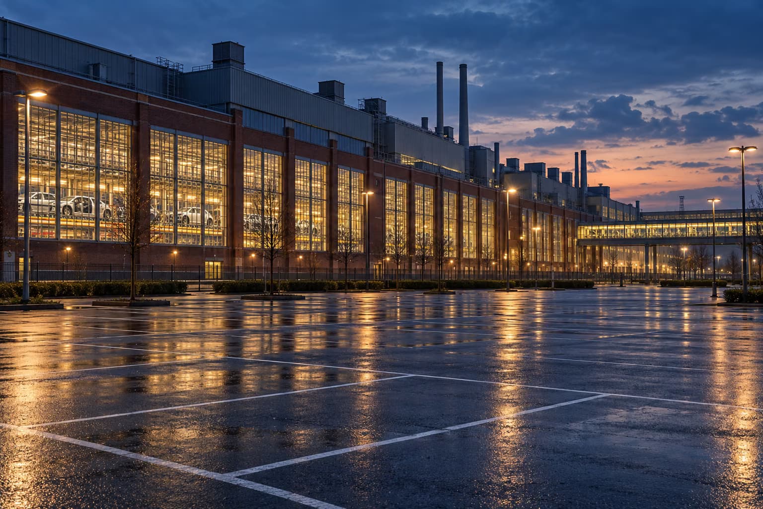 Un long bâtiment d'usine en brique aux fenêtres vivement éclairées, derrière lesquelles on voit des voitures, se dresse au crépuscule derrière un parking vide et mouillé par la pluie.