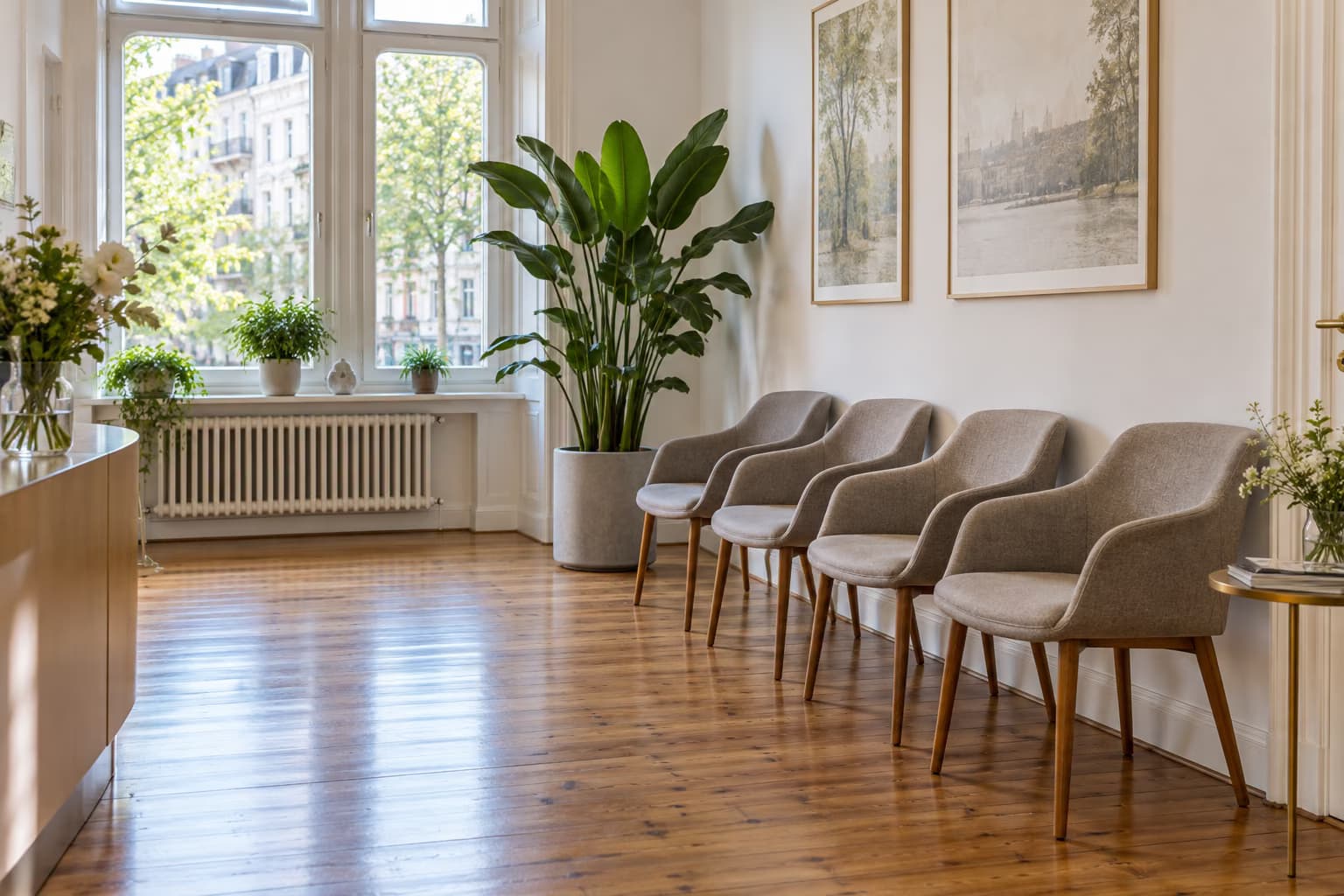 Une salle d'attente lumineuse avec une rangée de chaises rembourrées grises, une grande plante en pot et de hautes fenêtres donnant sur une rue bordée d'arbres.