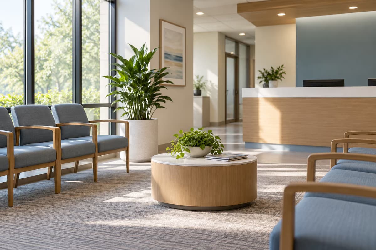 Un espace d'attente moderne avec des chaises rembourrées bleues, une table ronde en bois avec une plante et un comptoir d'accueil en arrière-plan.