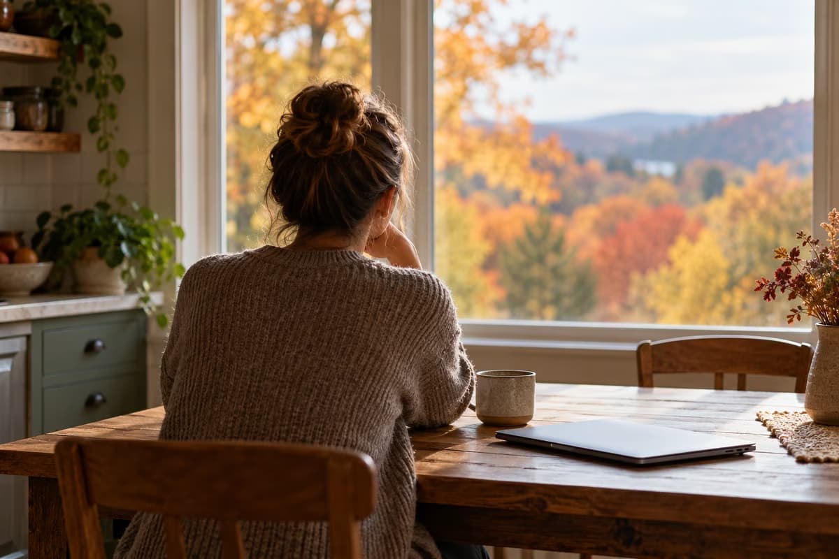 Une femme vue de dos, assise à une table de cuisine en bois avec un ordinateur portable fermé et une tasse, regarde par la fenêtre des arbres d'automne.