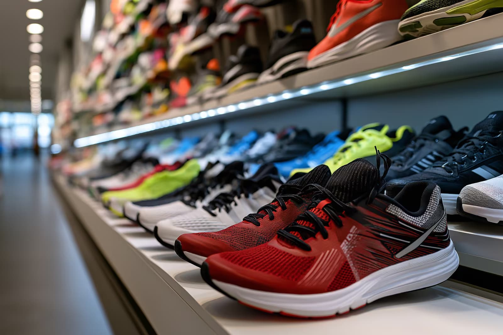 Chaussures de course et vêtements de sport exposés dans un magasin de sport moderne et lumineux.