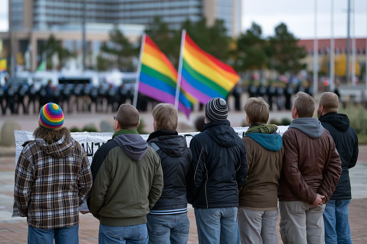 Des contre-manifestants brandissent des banderoles et des drapeaux arc-en-ciel sur une place de Magdebourg, avec un cordon de police flou en arrière-plan.