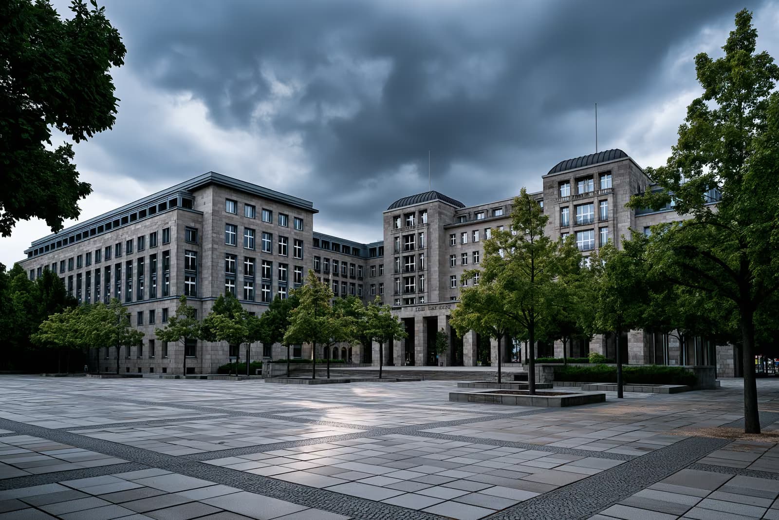 Le bâtiment du Parlement fédéral allemand se profile derrière une place publique déserte, sous un ciel lourd.