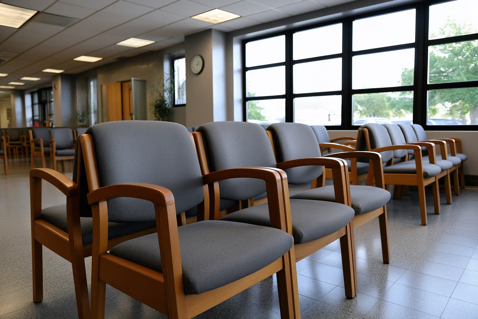 Une salle d'attente calme dans un bureau gouvernemental, avec des rangées de chaises vides sous une lumière naturelle neutre.