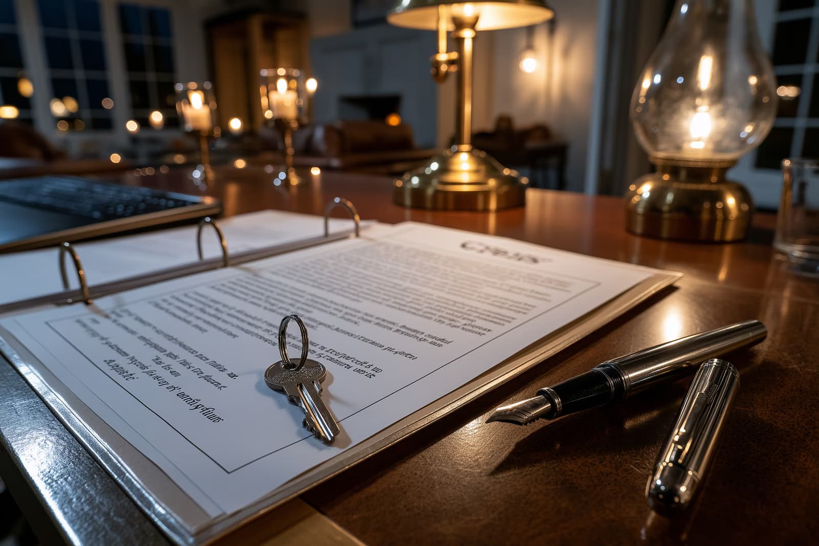 Une clé de maison et un stylo-plume posés sur un dossier immobilier, sur le bureau d'un notaire : le cadre paisible où la décision concernant les honoraires du courtier est cruciale.