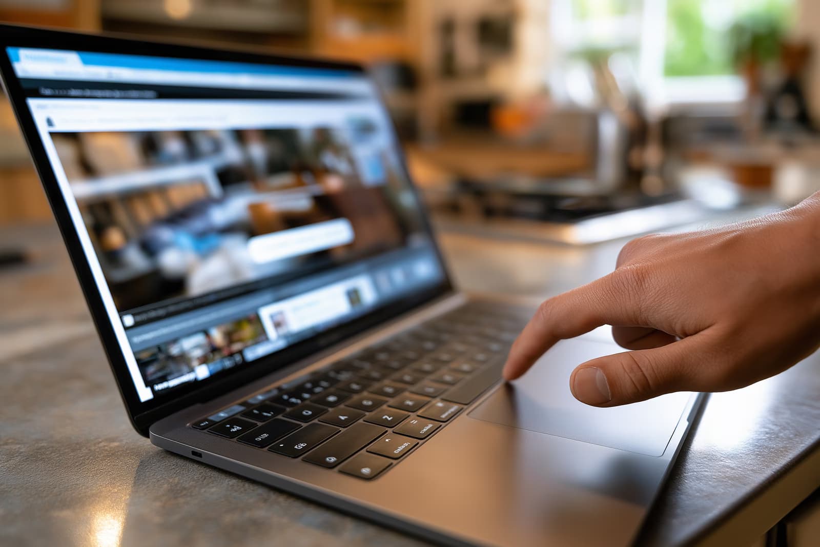 Une main plane au-dessus d'un ordinateur portable posé sur une table de cuisine, affichant une page d'annulation en ligne avec un bouton bien visible.