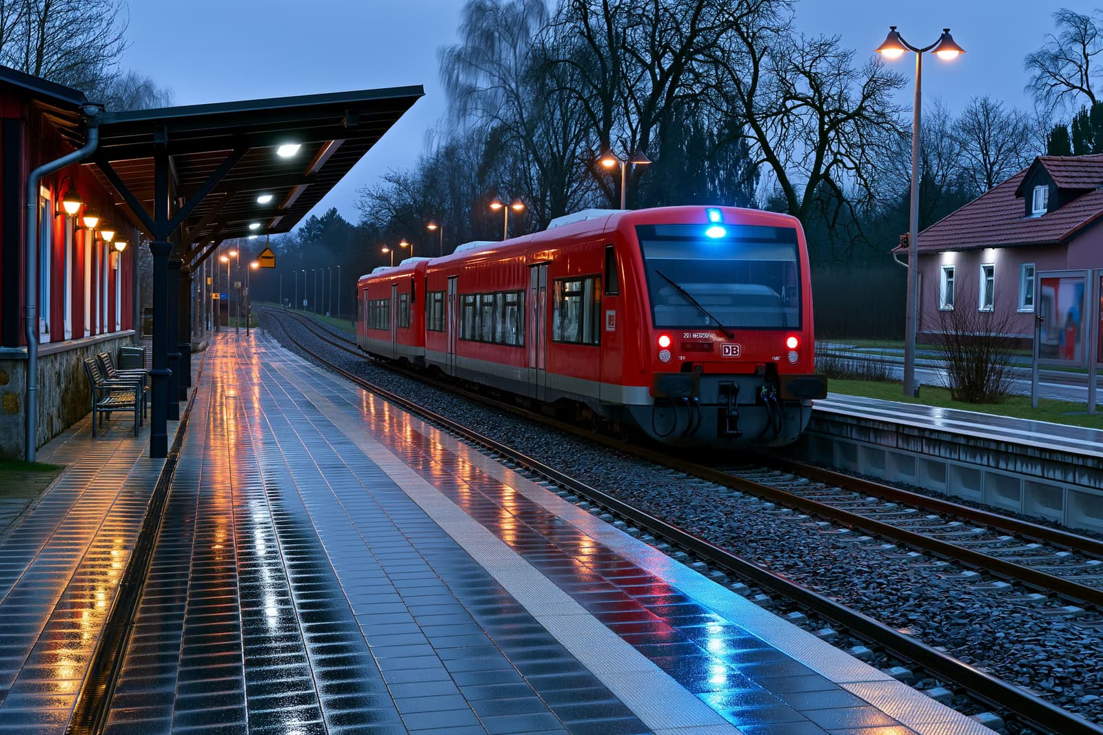 Un train régional rouge s'est arrêté dans une petite gare allemande au crépuscule, les gyrophares bleus se reflétant sur le quai.