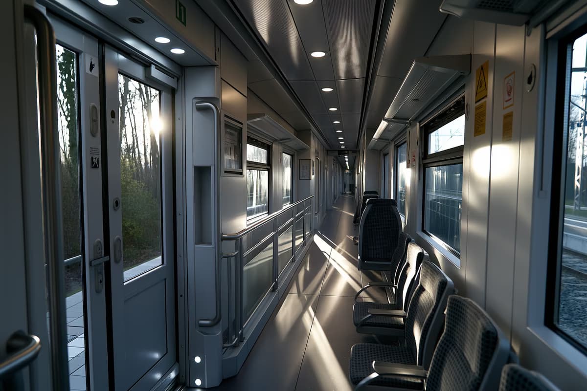 Le couloir intérieur d'un train régional allemand, avec une zone de porte ouverte et une rambarde de sécurité, sous la lumière du soir.