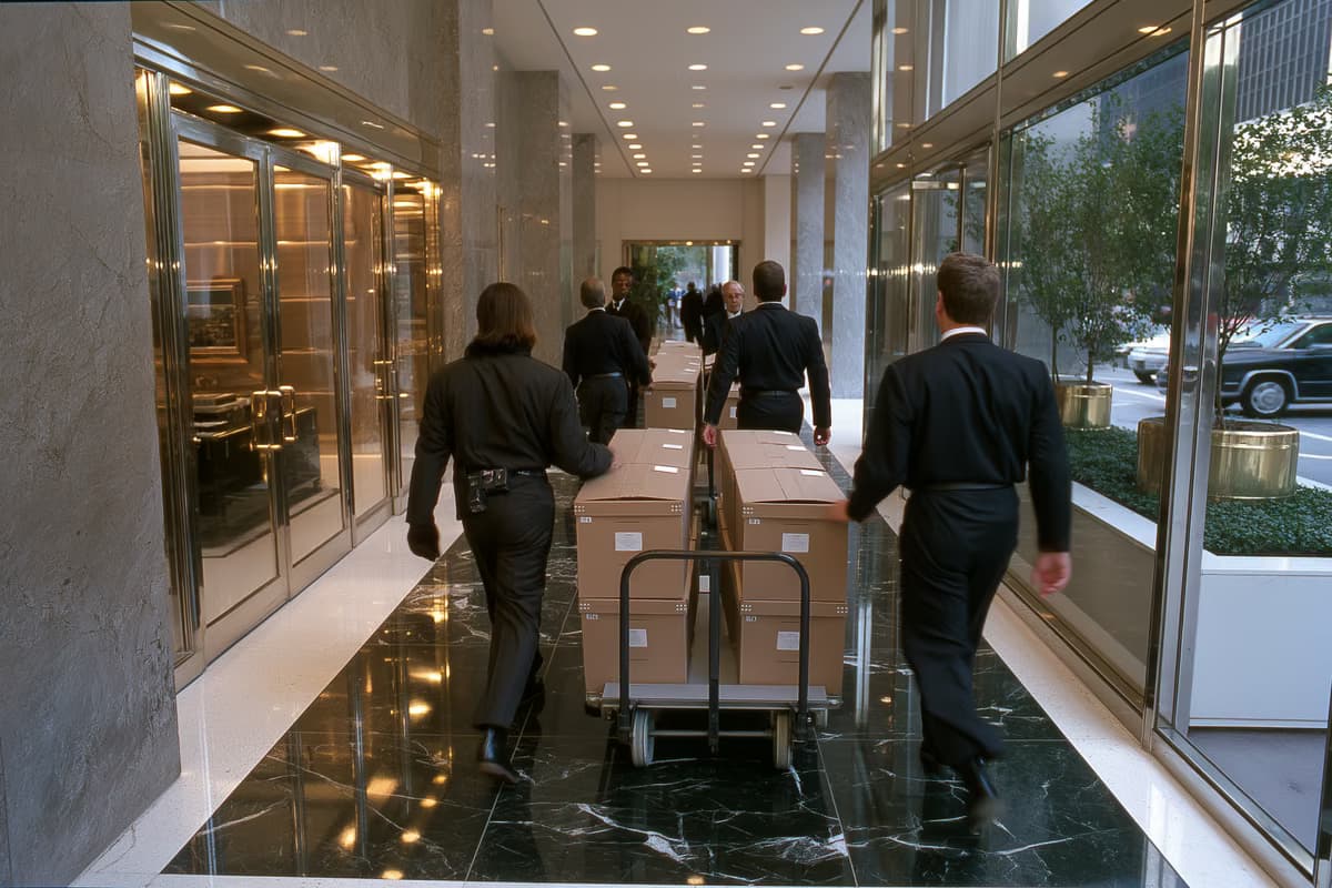 Des fonctionnaires en costume sobre déplacent des boîtes d'archives anonymes sur un chariot à travers le hall d'une banque, un hall poli en marbre et en verre.