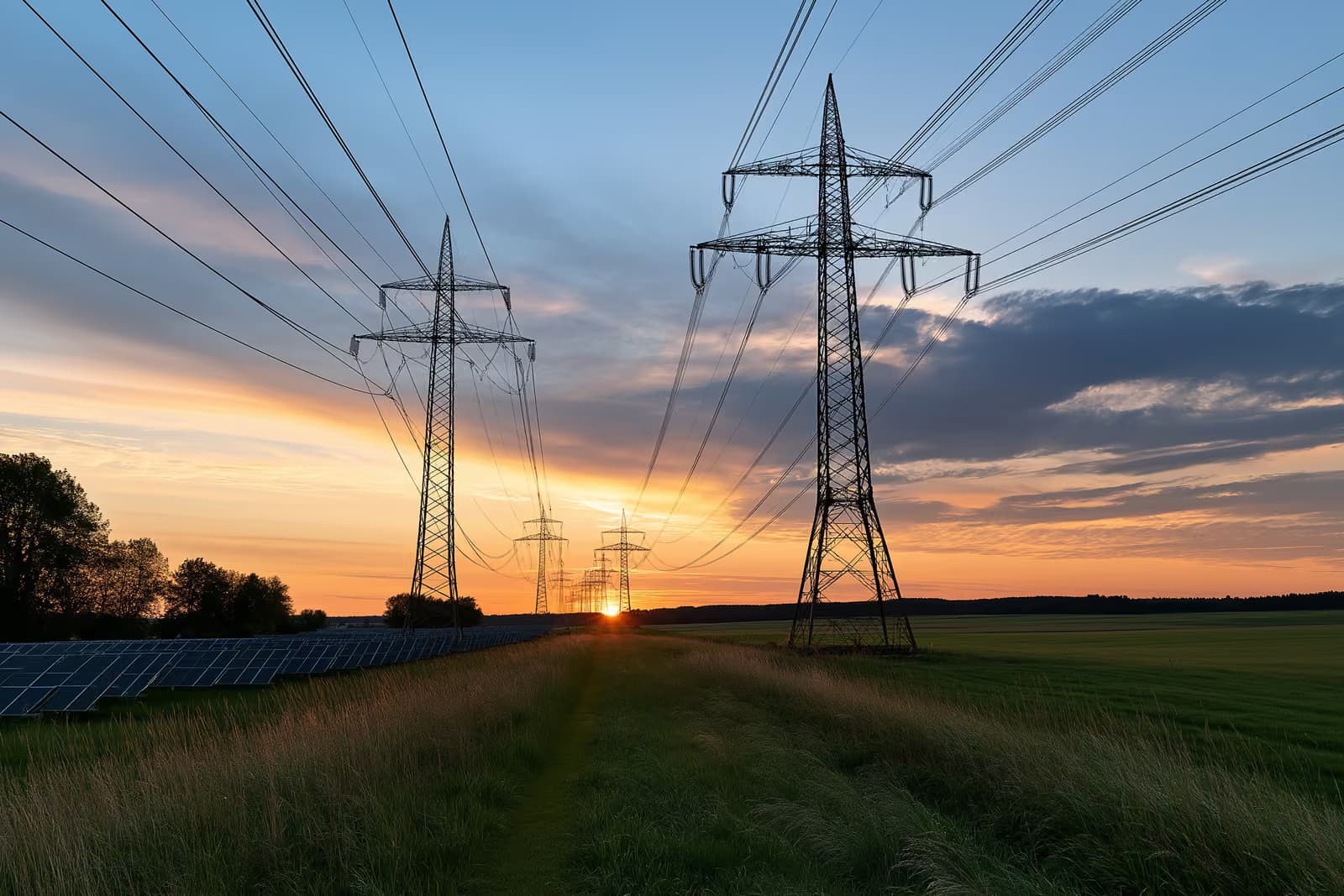 Une rangée de pylônes électriques à haute tension traversant la campagne.