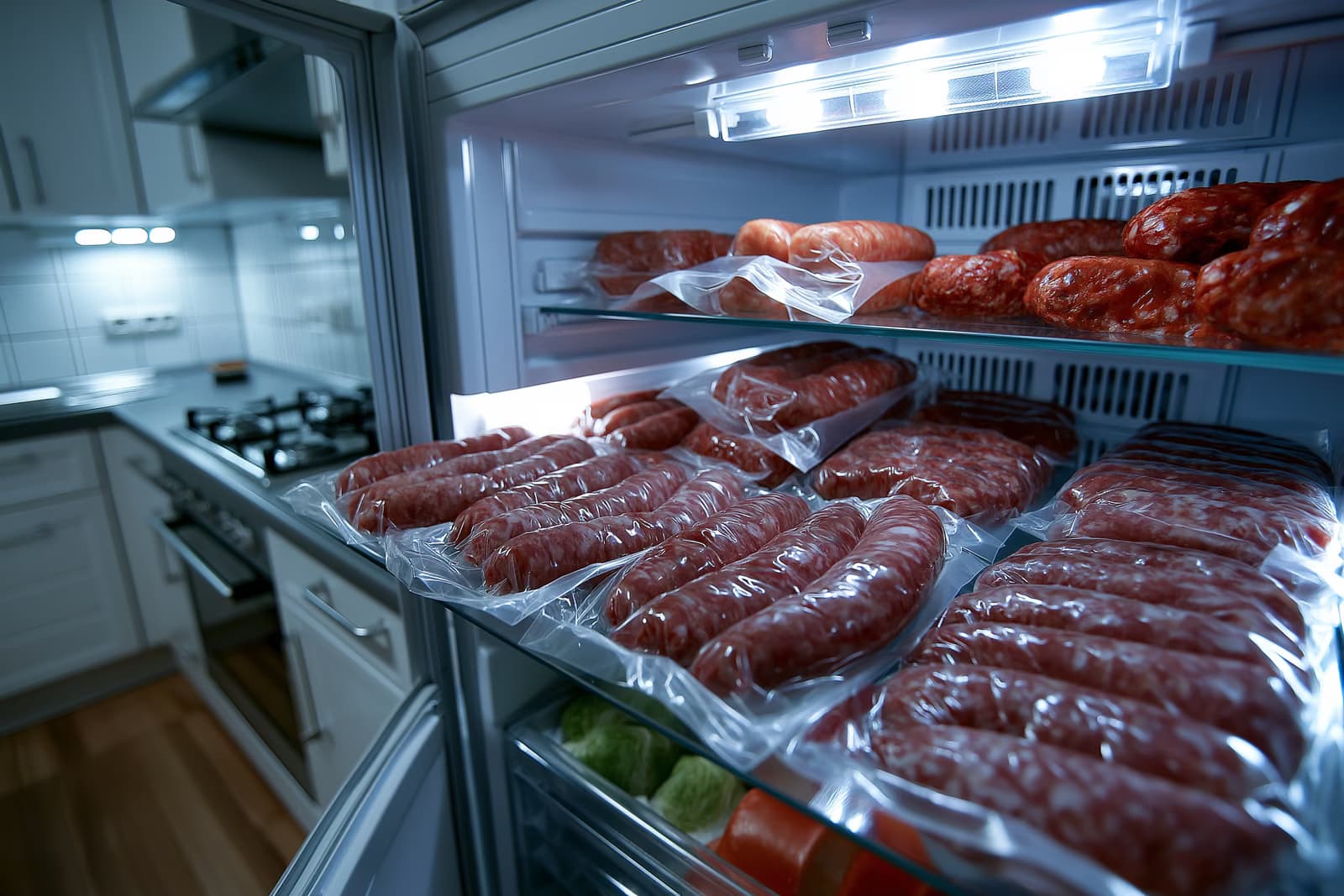 Un réfrigérateur ouvert dans une cuisine allemande, avec des saucisses crues emballées sur une étagère, lors du rappel de saucisses EHEC.