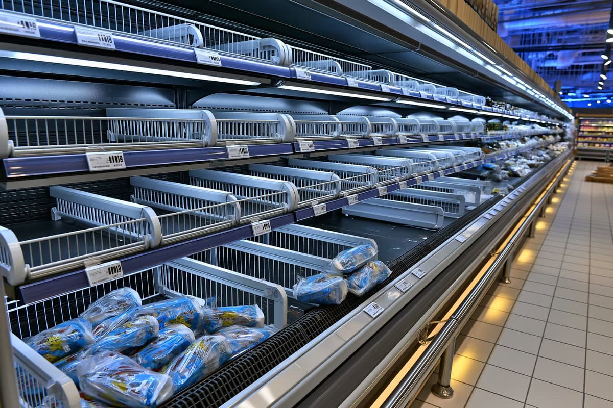 Un rayon réfrigéré vide dans un supermarché, avec seulement quelques paquets restants après le rappel de saucisses en Allemagne.