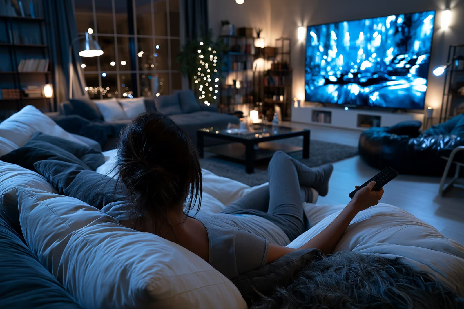 Une personne assise sur un canapé, tenant une télécommande devant un téléviseur allumé.