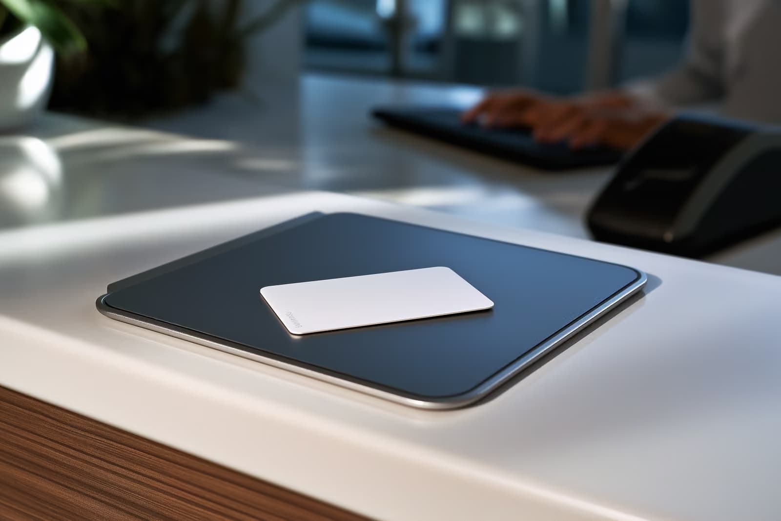 Une carte de séjour à puce posée à côté d'un lecteur d'empreintes digitales sur le comptoir d'un bureau gouvernemental, en pleine lumière du jour.