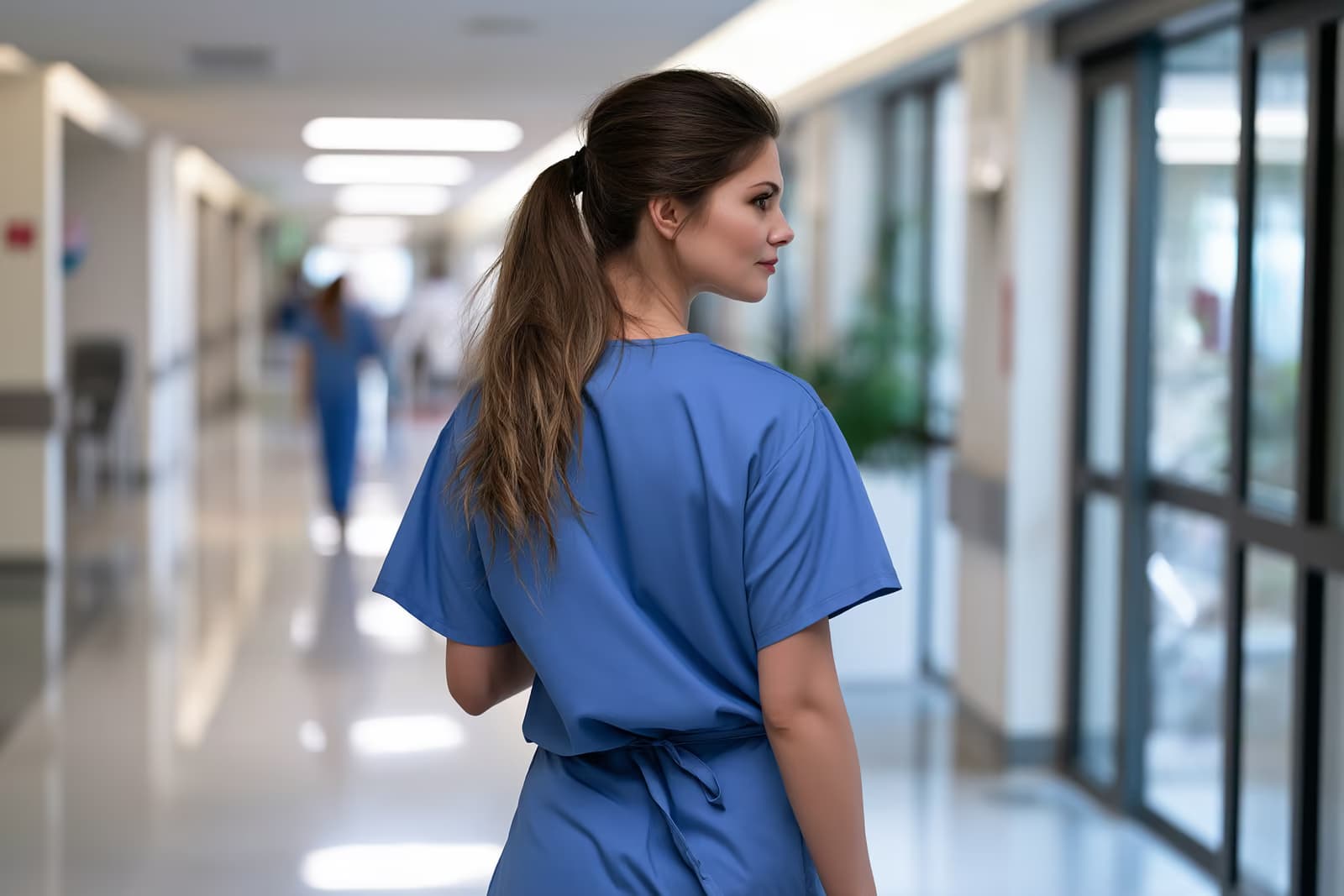 Un professionnel de santé en blouse médicale se tient dans un couloir lumineux d'hôpital.