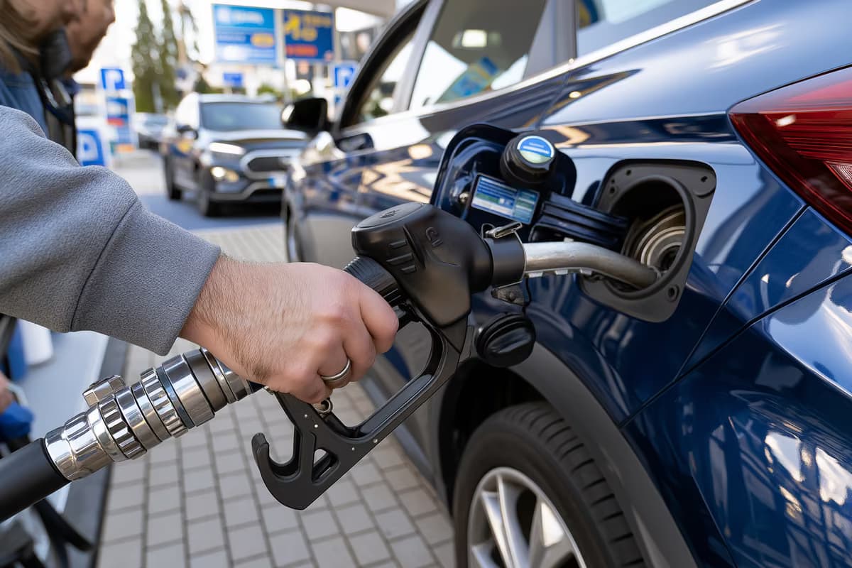 Un automobiliste tenant un pistolet à essence pendant qu'il fait le plein de sa voiture à une station-service.