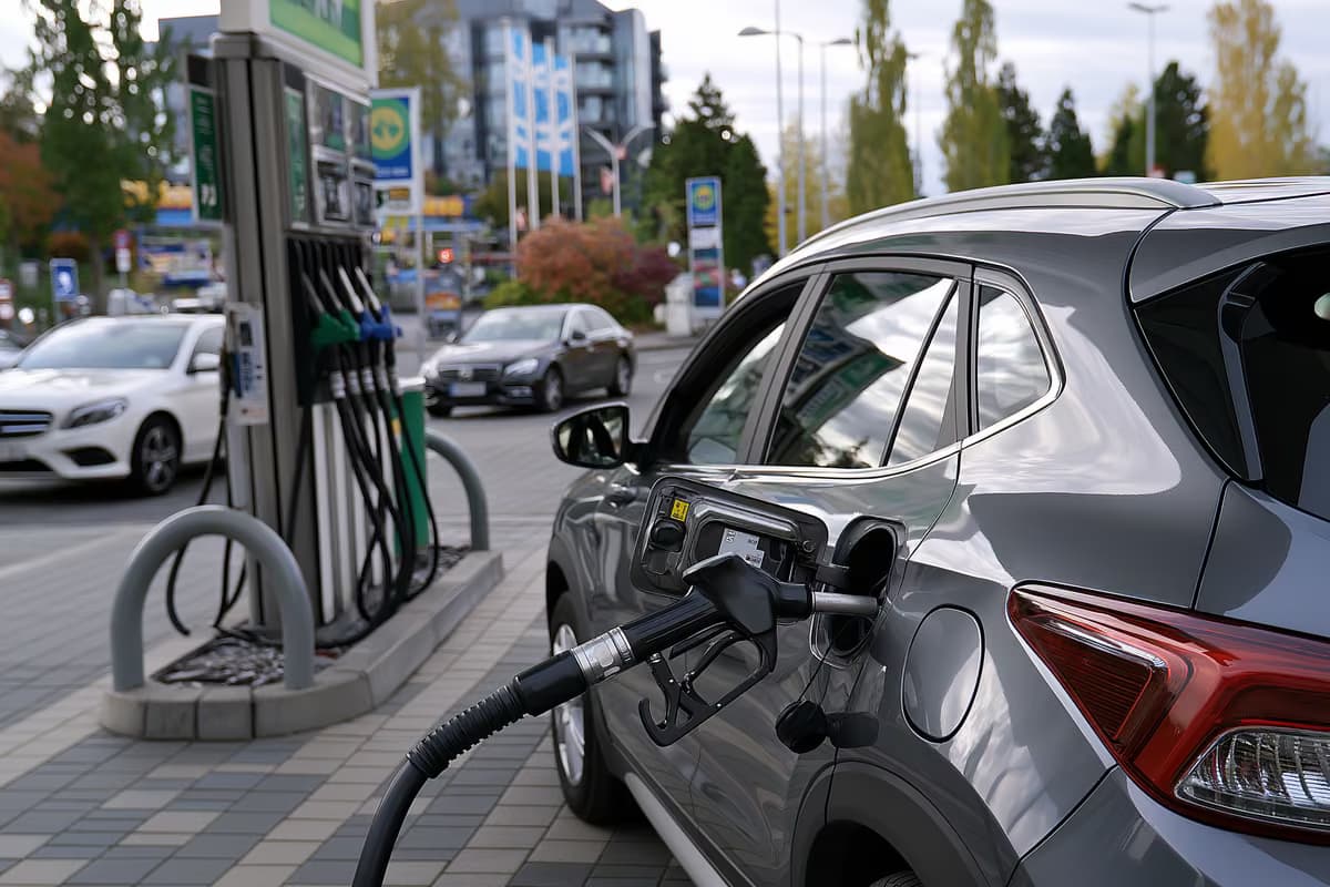 Un pistolet de pompe à essence posé sur une voiture dans une station-service allemande par temps couvert.