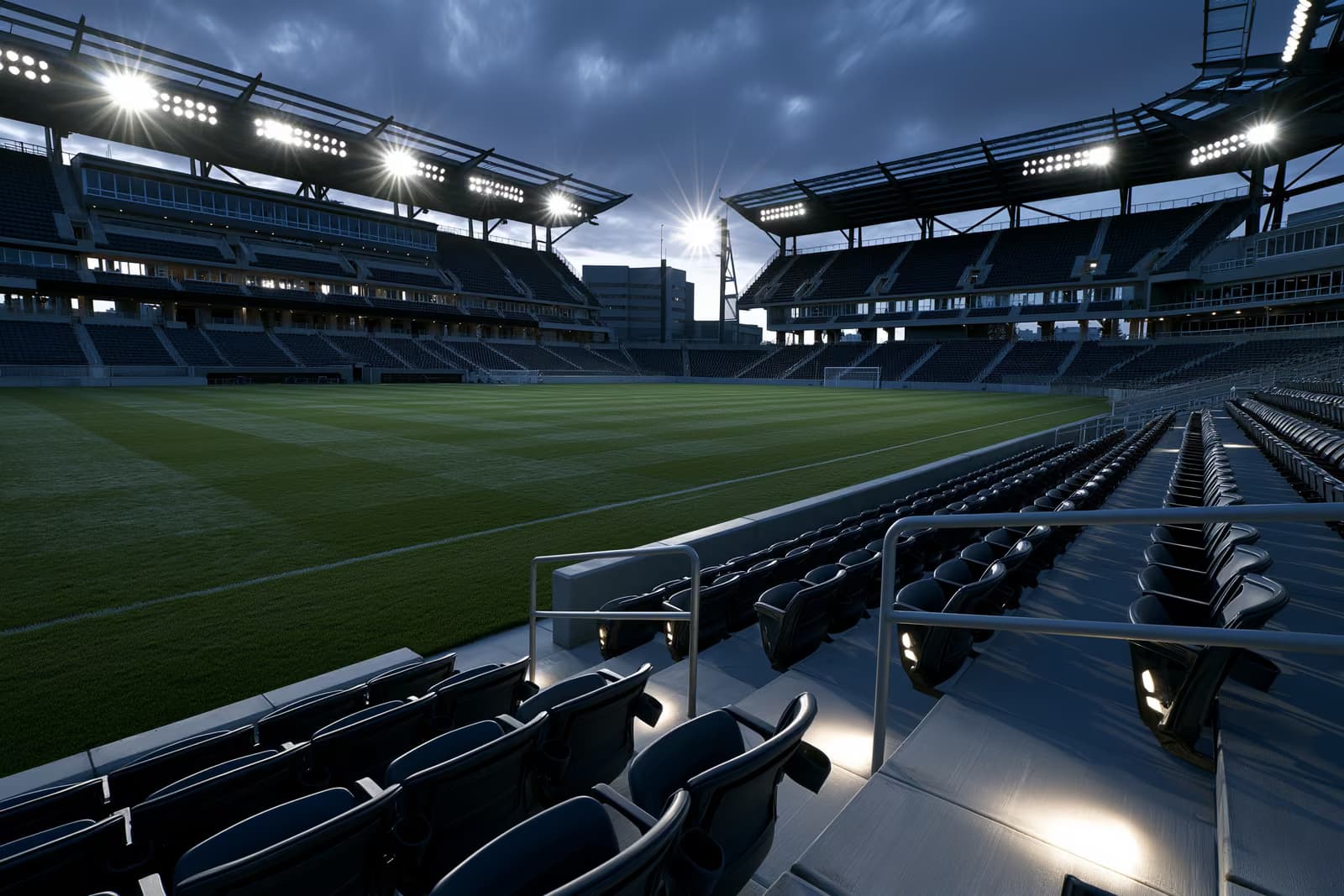 Un stade de football vide au crépuscule, avec ses projecteurs et ses tribunes désertes.