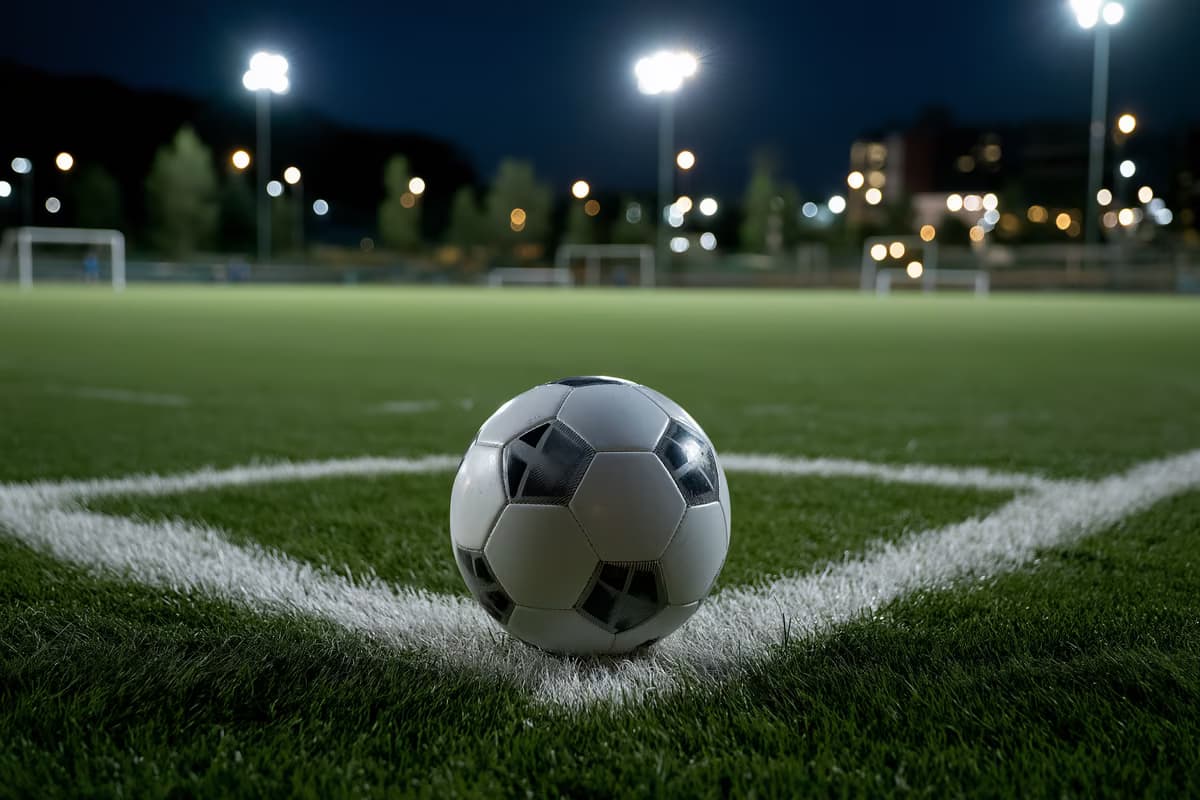 Un ballon de football solitaire posé sur le point de penalty d'un terrain éclairé.