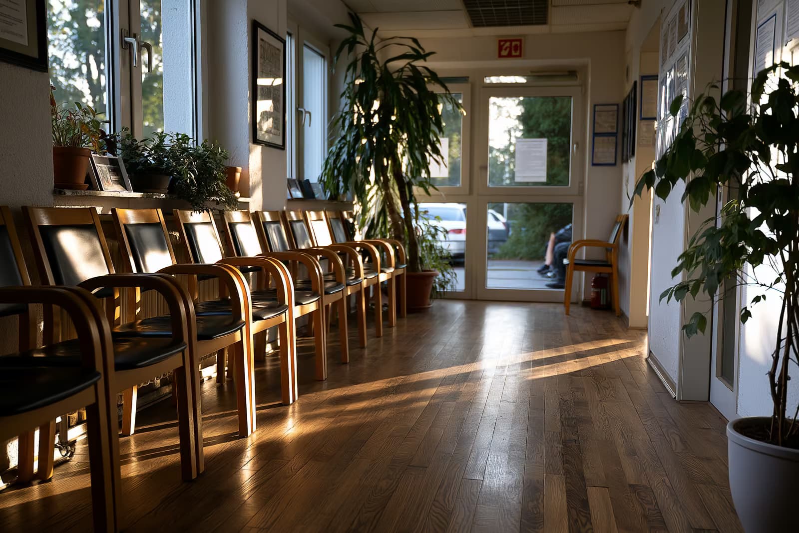 Bureau d'accueil vide dans un cabinet médical familial allemand, avec des chaises dans la salle d'attente.