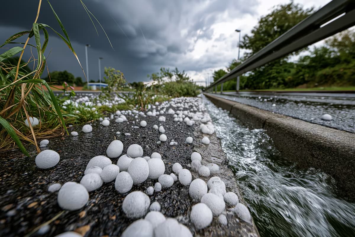 De gros grêlons jonchent le trottoir mouillé après un orage d'été.