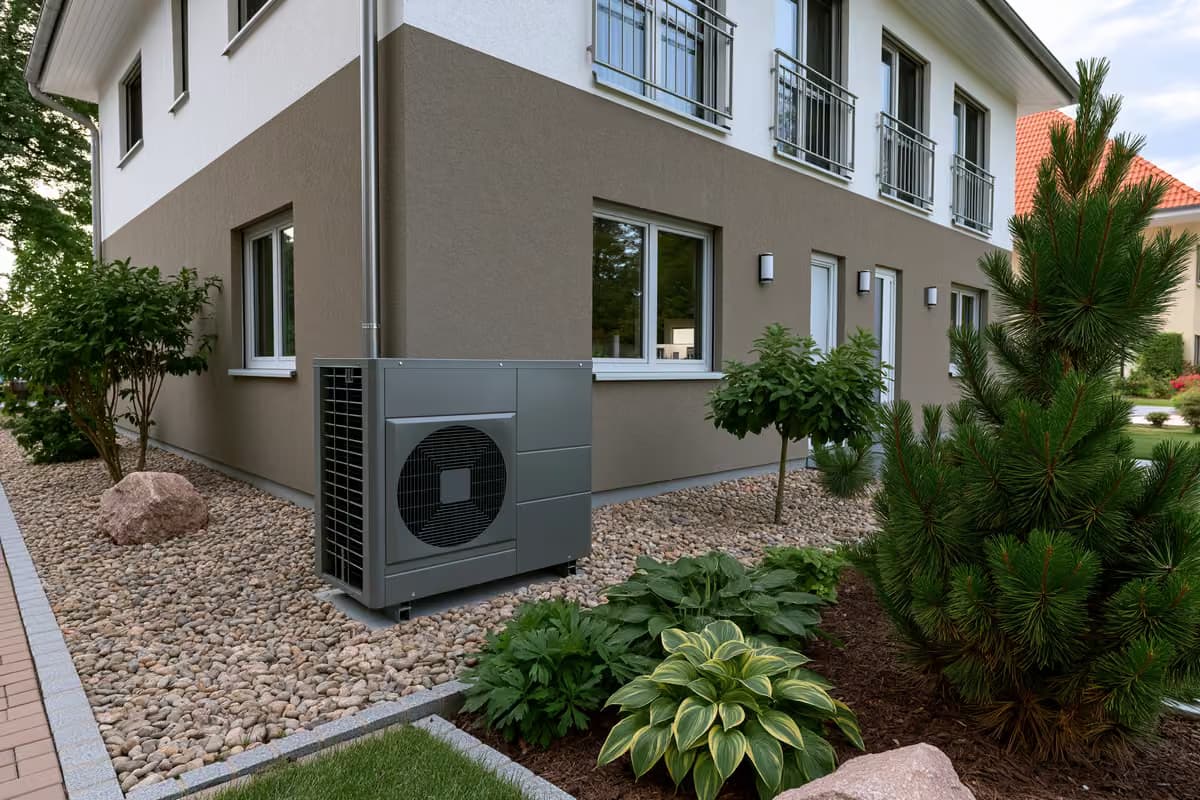 Une pompe à chaleur moderne installée à l'extérieur d'une maison d'habitation allemande.