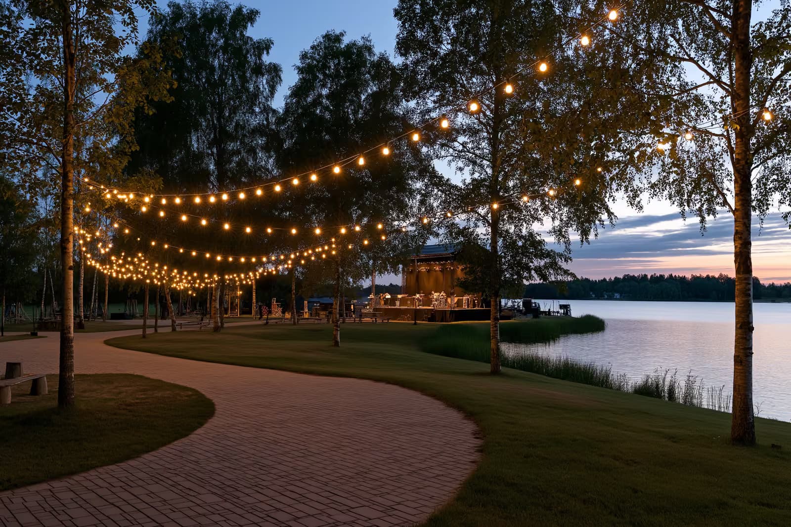 Une foule nombreuse se rassemble au crépuscule pour un festival de musique en plein air au bord d'un lac, près de Leipzig, avec une scène illuminée.