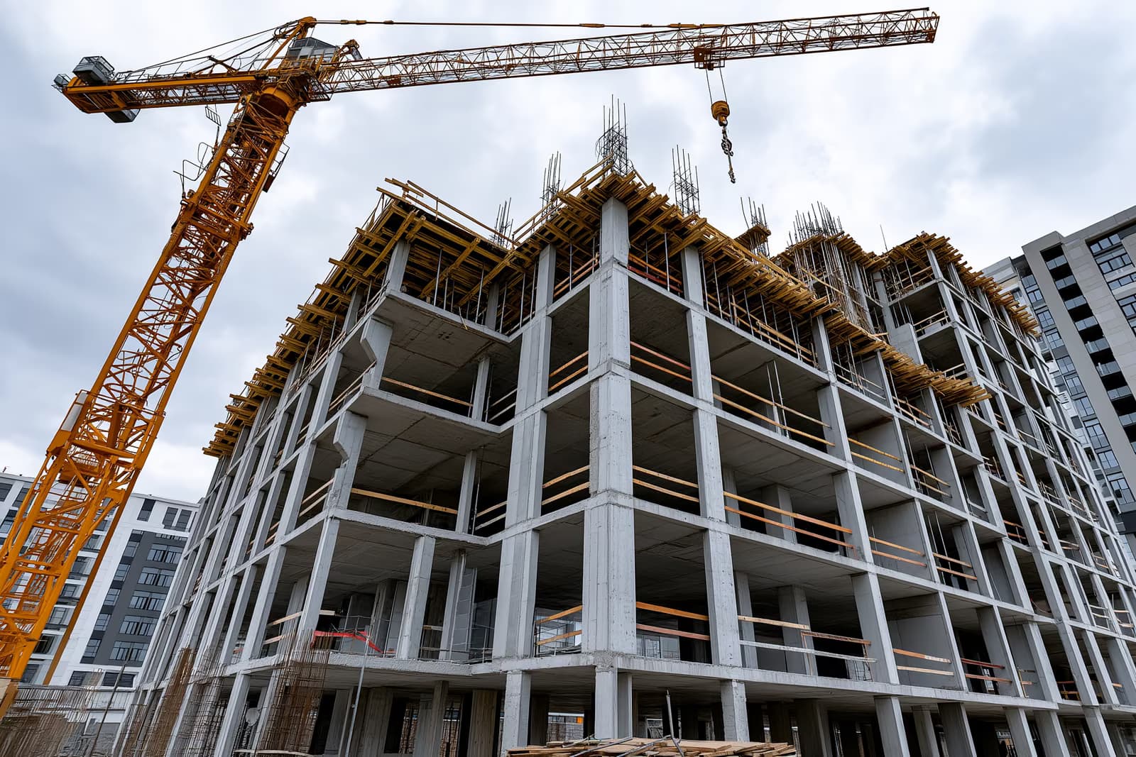 Une carcasse de bâtiment en béton inachevée, avec des ouvertures de fenêtres vides, sous une grue rouillée : image des pertes du fonds Krankenkassen dans des opérations immobilières ratées.