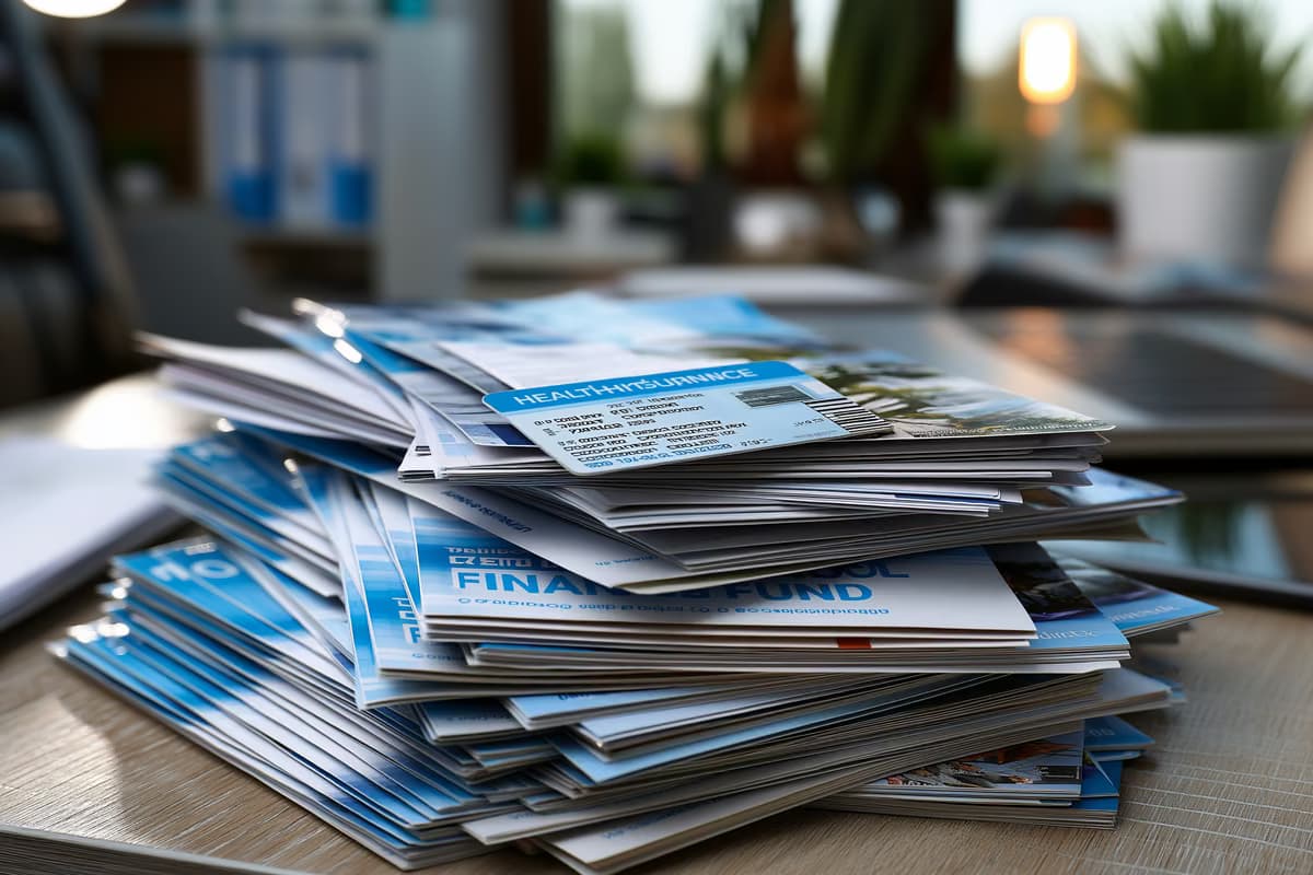 Une carte d'assurance maladie allemande gisant sur une pile de brochures de fonds d'investissement, sur un bureau, là où les cotisations rencontraient des fonds immobiliers risqués.