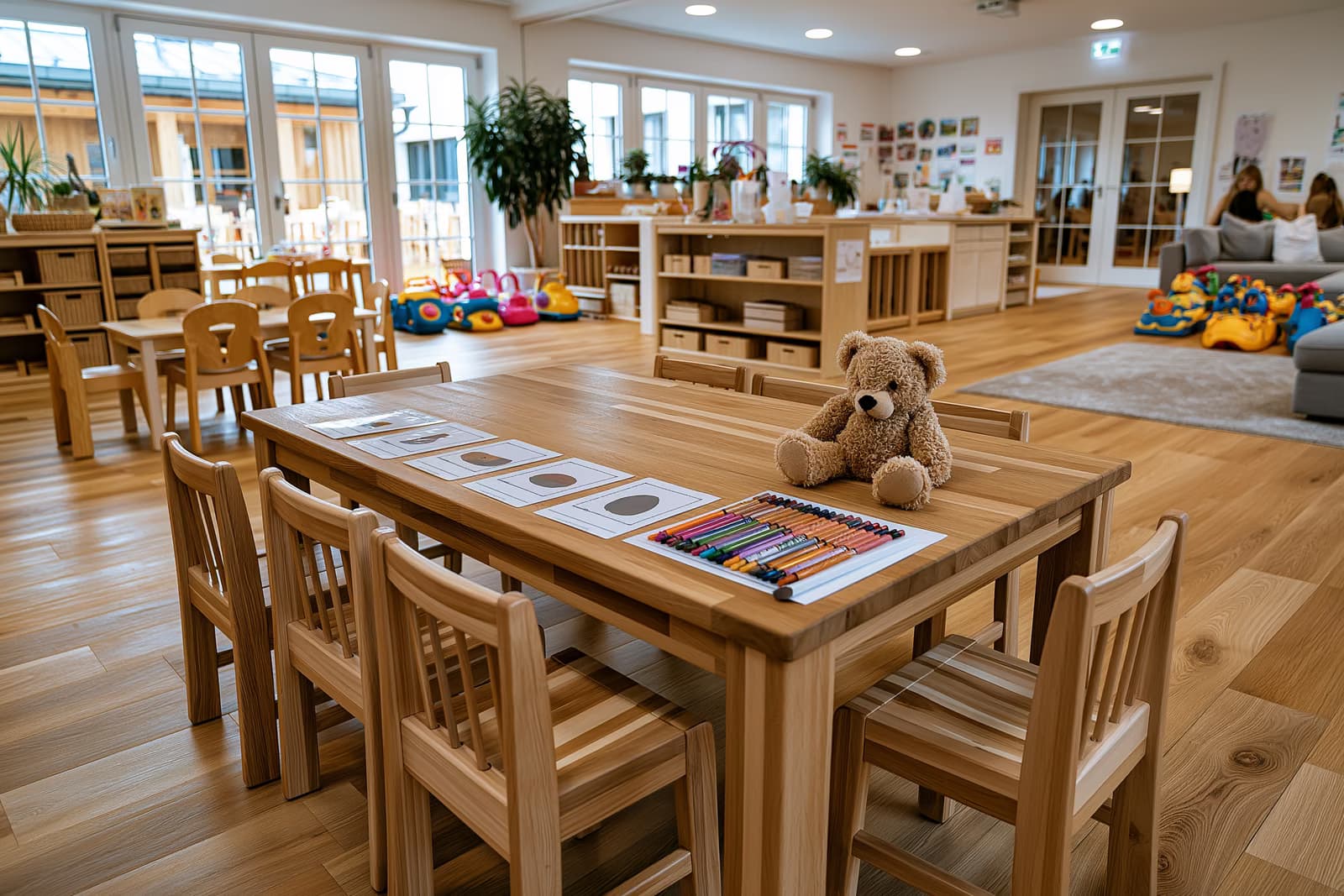 Des images d'objets simples sont posées sur une table de maternelle, à côté de crayons de couleur et d'un ours en peluche ; c'est le genre de matériel utilisé pour les premiers tests de langage.