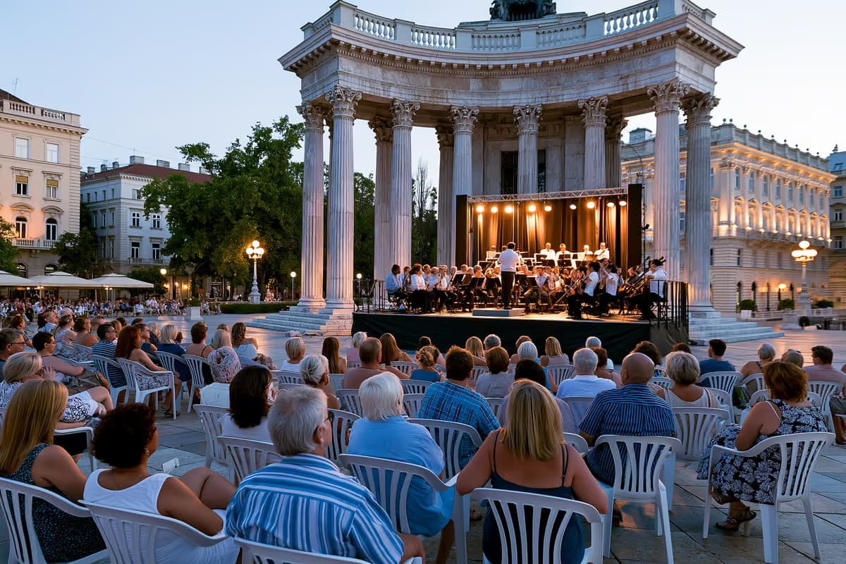 Un concert de musique classique en plein air sur une place historique de Munich au crépuscule.