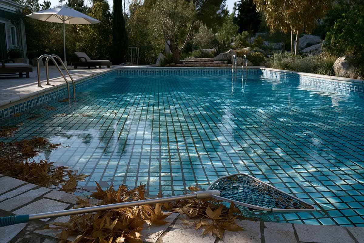 Une piscine privée à moitié vidée, située dans un jardin, avec un écumeur de feuilles posé sur le carrelage chauffé par le soleil.