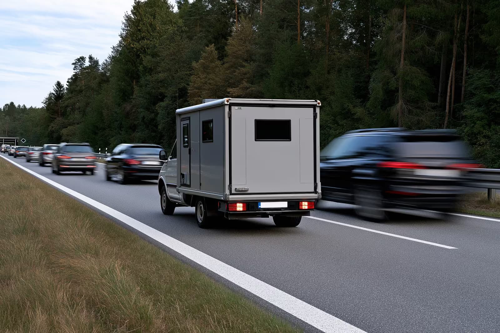Un radar mobile positionné en bord de route près d'une zone scolaire dans une ville allemande.