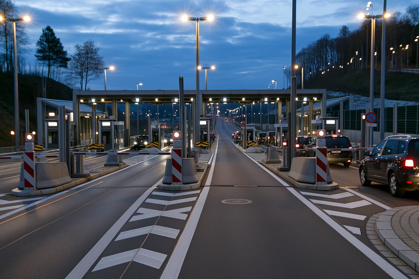 Un poste de contrôle frontalier tranquille sur une autoroute européenne, avec des barrières au crépuscule.