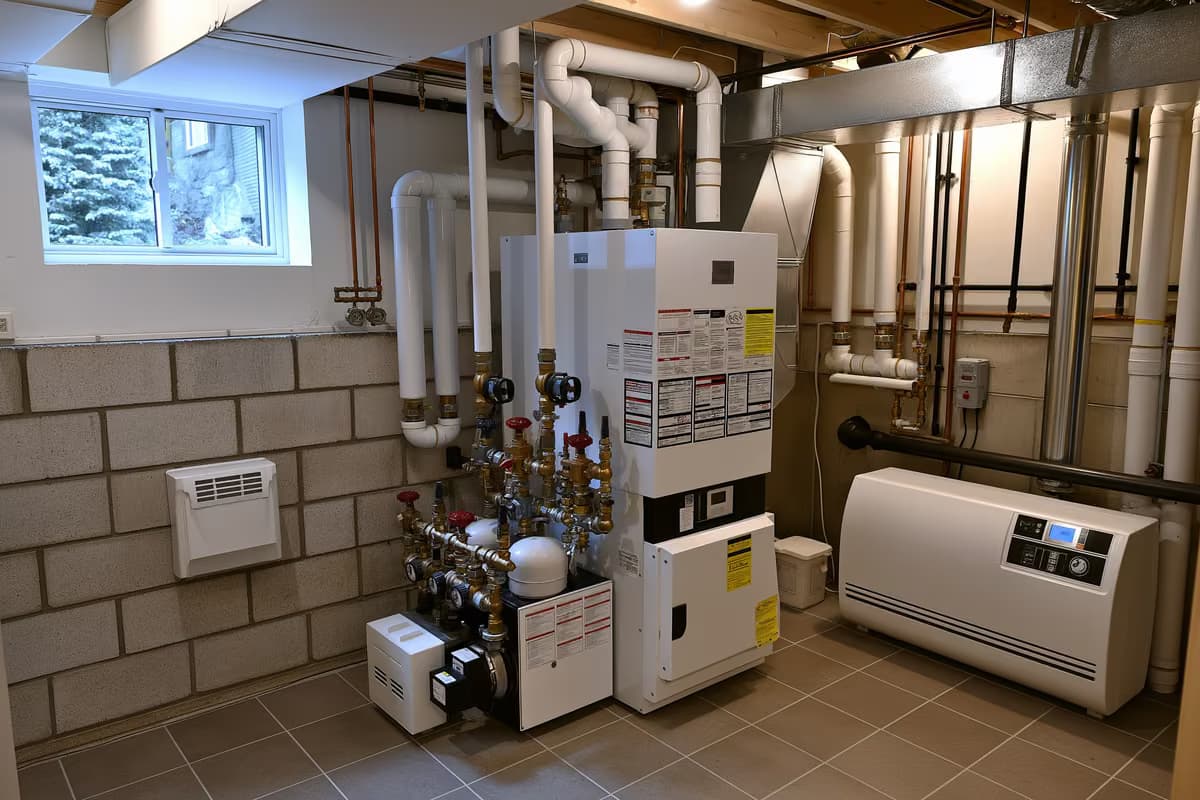 Une chaudière à gaz avec tuyaux et vannes dans une buanderie au sous-sol d'une maison.