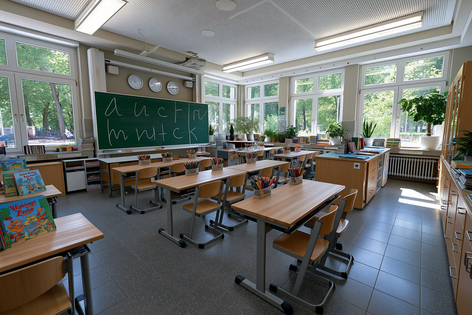 Une salle de classe primaire lumineuse avec des lettres dessinées sur un tableau noir vert, prête pour les nouveaux cours de langue ABC en Rhénanie-du-Nord-Westphalie.