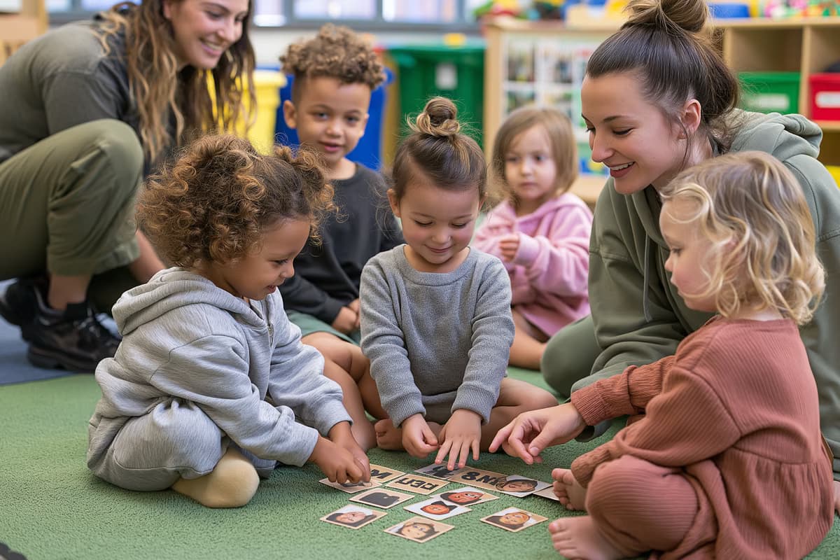 De jeunes enfants jouent à un jeu de cartes d'association de mots sur le tapis de la classe, tandis qu'un enseignant les aide à pratiquer l'allemand.