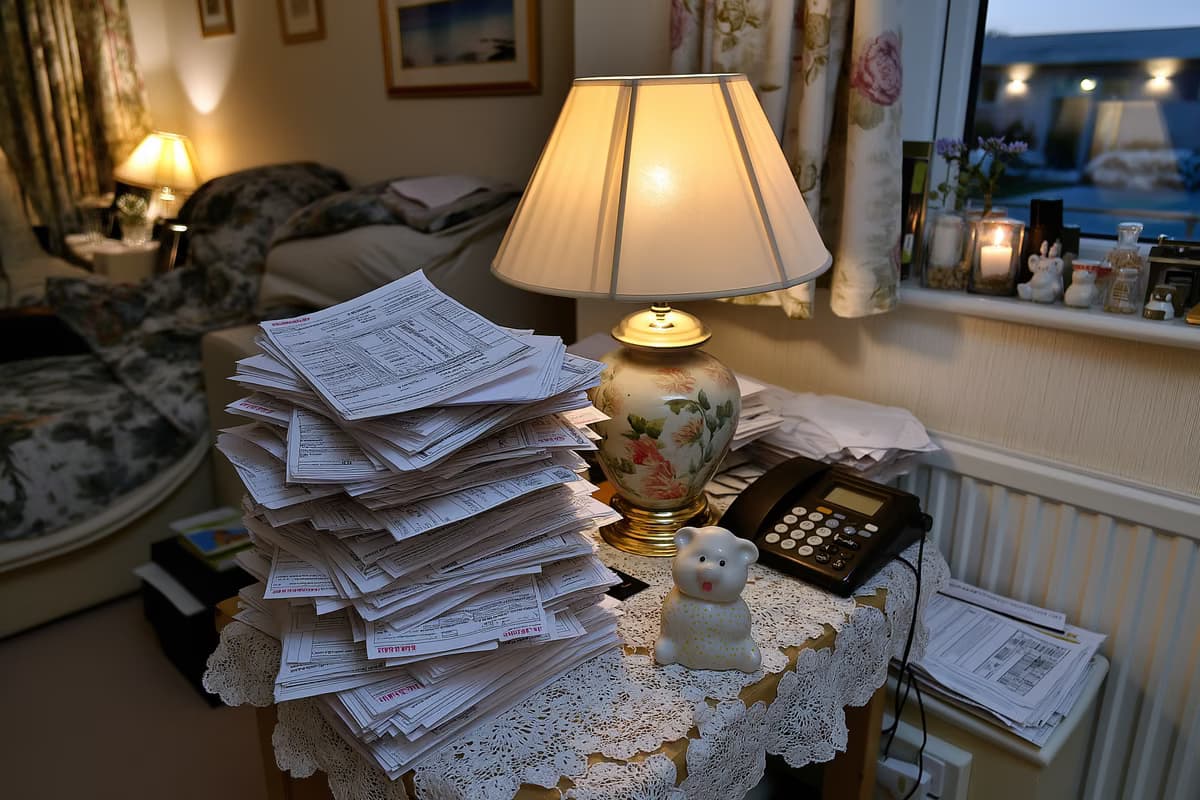 Dans une chambre de maison de retraite, une pile de factures mensuelles est posée à côté d'une figurine en porcelaine sur une table d'appoint, témoignant de l'augmentation des factures auxquelles les résidents sont confrontés.