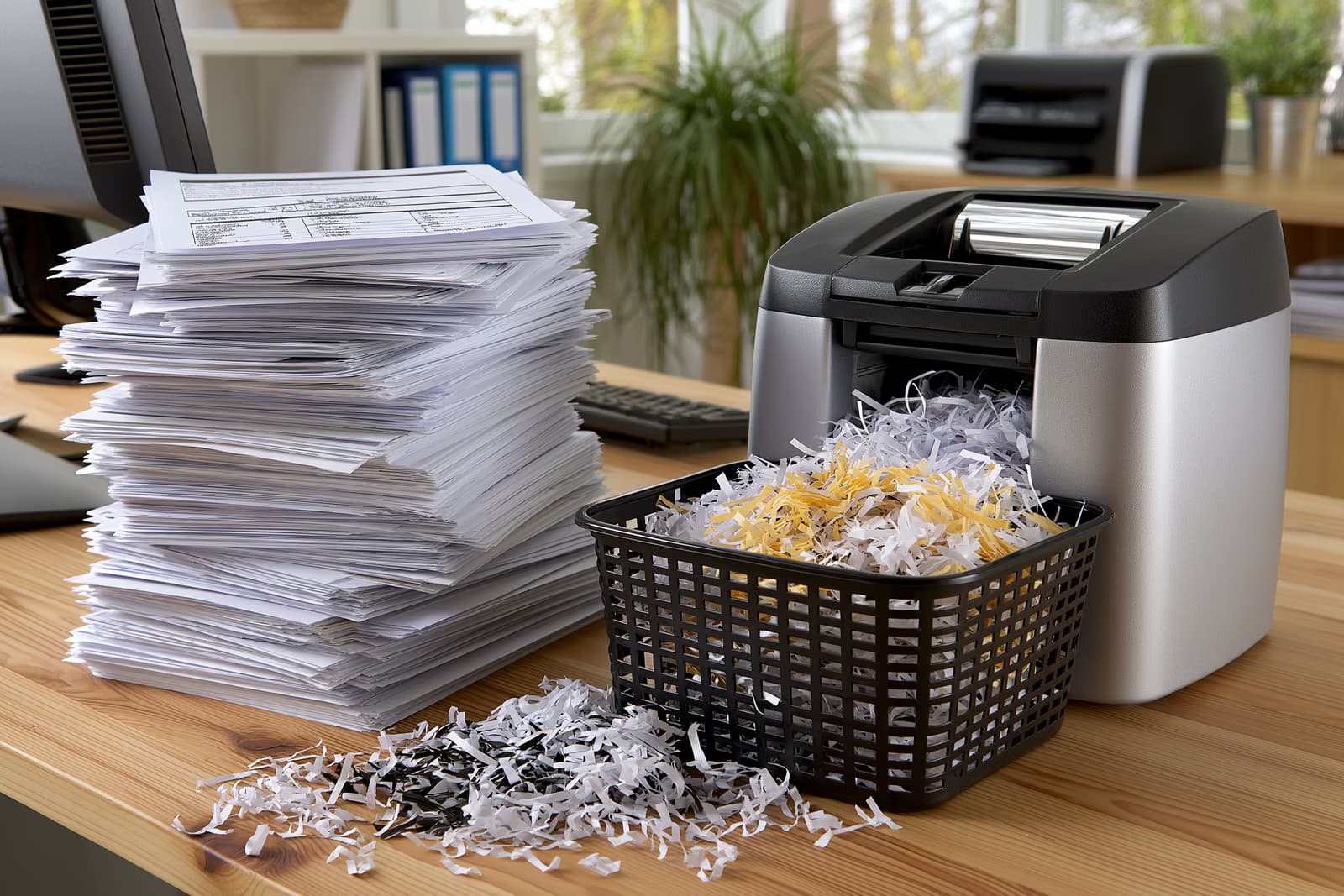 Une pile de formulaires papier trône à côté d'une déchiqueteuse sur le bureau d'un fonctionnaire, symbolisant la simplification des procédures administratives.