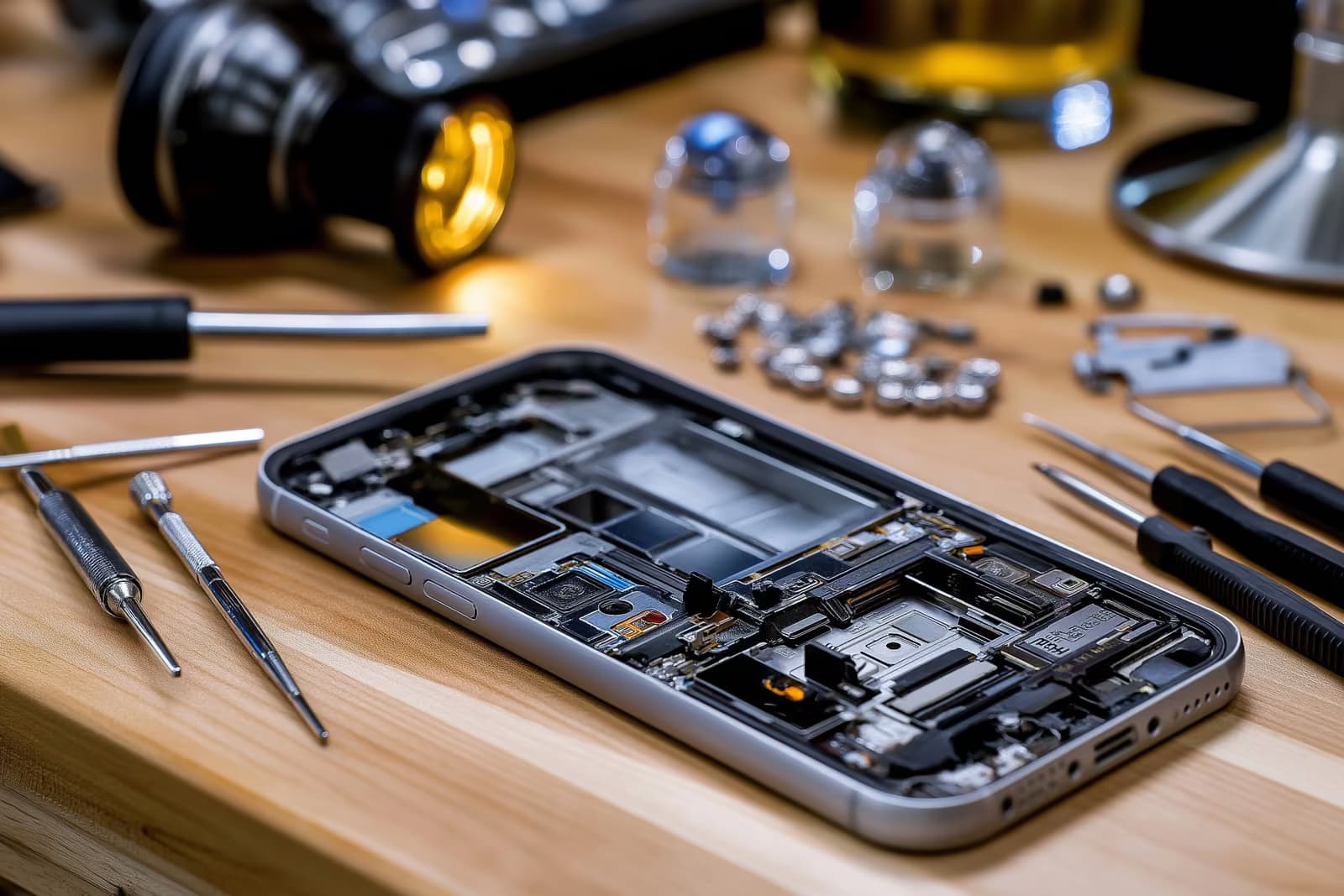 Un smartphone ouvert sur un établi de réparation, entouré de petits outils et de pièces détachées.